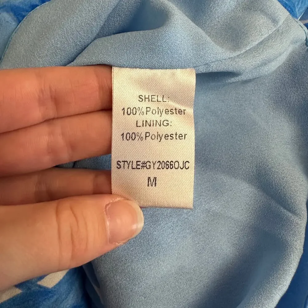 DO+BE NWT Tropical Halter Mini Dress Blue White Leaf Print Back Tie Medium - Picture 11 of 11